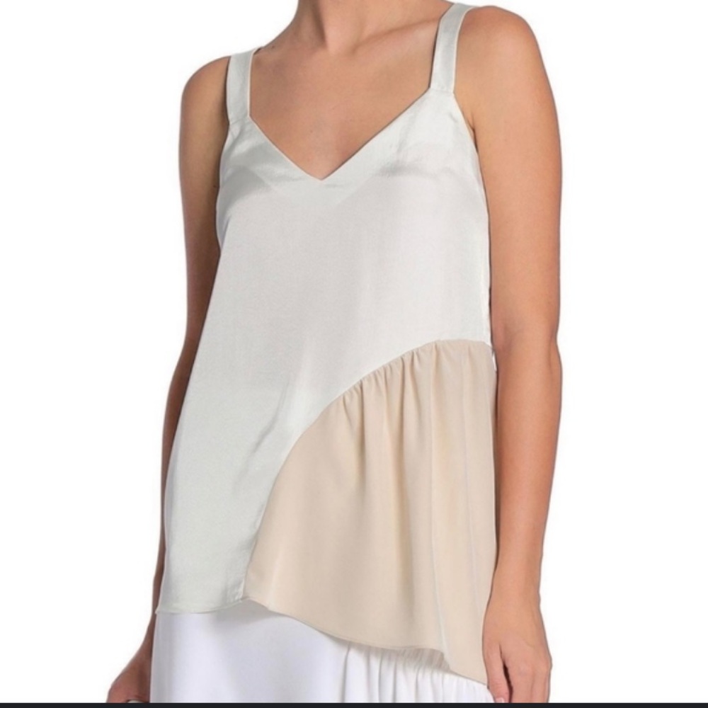 Tibi Two-Tone White Tan Color Block Silk Blend Tank Top Size M